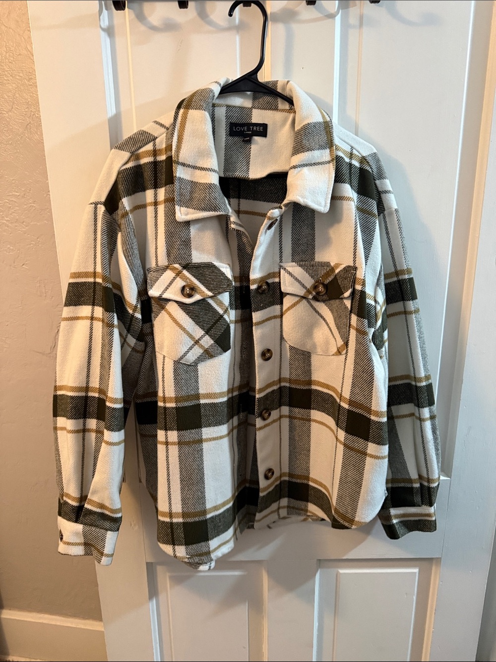 Love Tree Olive Green and Cream Plaid Utility Jacket